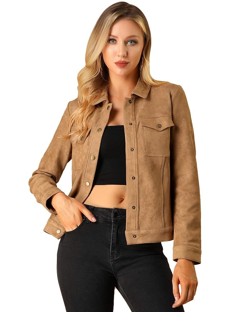 Allegra K Women's Turn-Down Collar Flap Pockets Snap Button Faux Suede Jacket | Amazon (US)