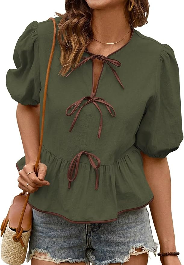 Falechay Womens Summer Tops Bowknot Puff Short Sleeve Blouses Dressy Casual Cute Babydoll Flowy P... | Amazon (US)