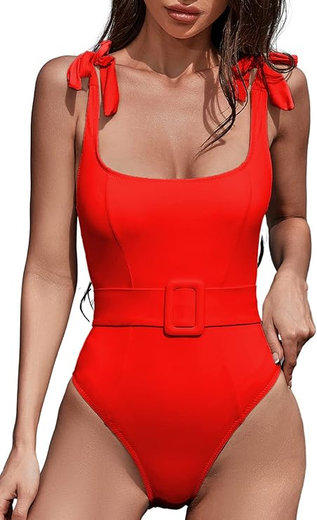 QINSEN Women's One Piece Swimsuit with Adjustable Tie Straps Elastic Belt Moderate Coverage Bathi... | Amazon (US)