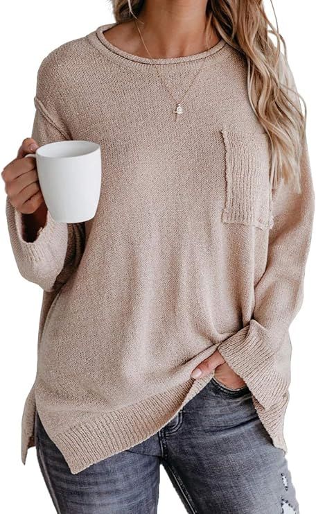 OFEEFAN Sweaters for Women Long Sleeve Crewneck Pullover Fall Sweater Side Split | Amazon (US)