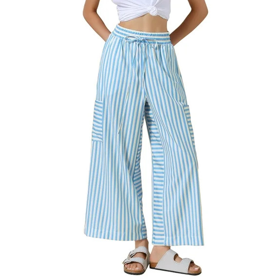 INSPIRE CHIC Casual Striped Pants for Women's Wide Legs Elastic Waist Drawstring Palazzo Lounge P... | Walmart (US)