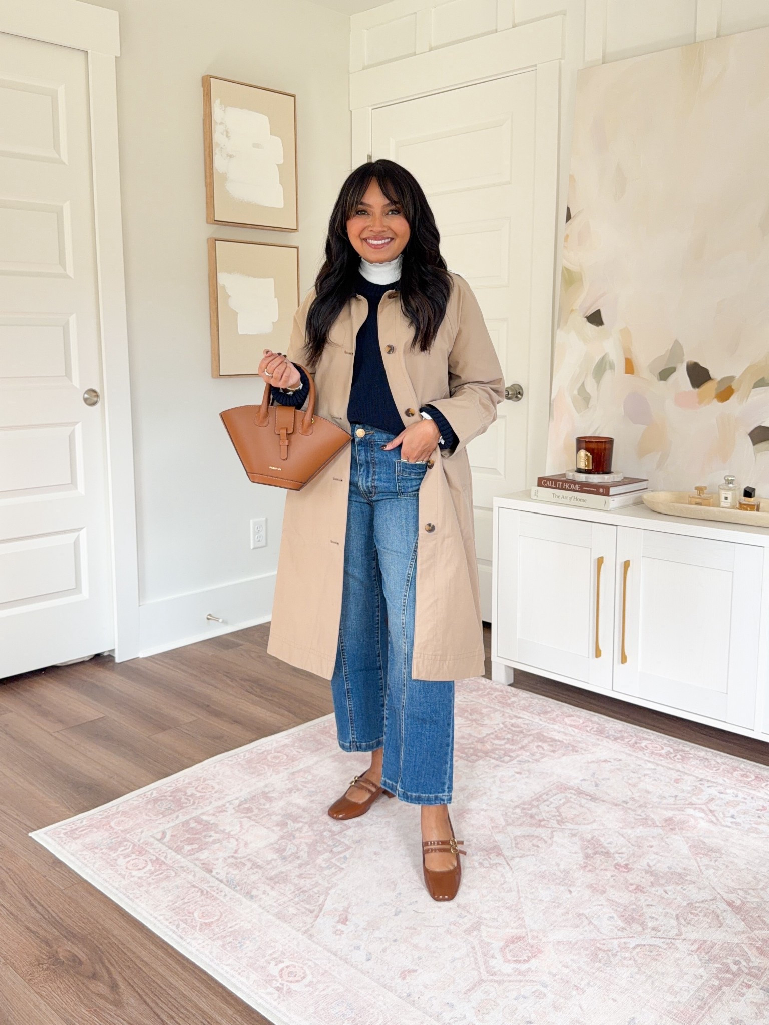 Trench barn coat size xs petite TTS
White sea salt color lettuce ribbed top size xs petite TTS
Navy sweater size xs TTS
Jeans size 0 petite - sized down a size, waist runs big
Brown Mary jane flats size 5 TTS


#LTKPetite #LTKStyleTip #LTKSaleAlert