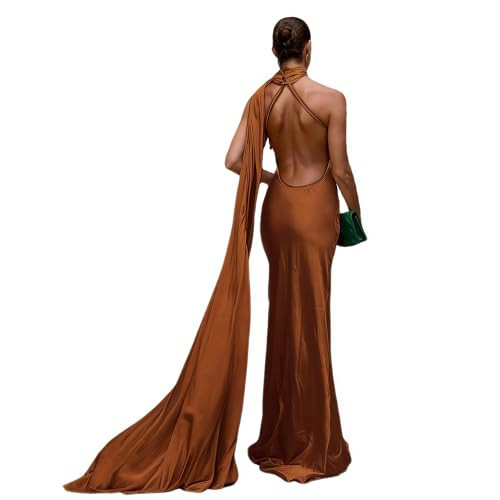 Women's Sexy Satin One Shoulder Backless Sleeveless Maxi Dress with Scarf Elegant Long Formal Evening Dresses Cocktail Gown Wedding Guest Dress Brown | Amazon (US)