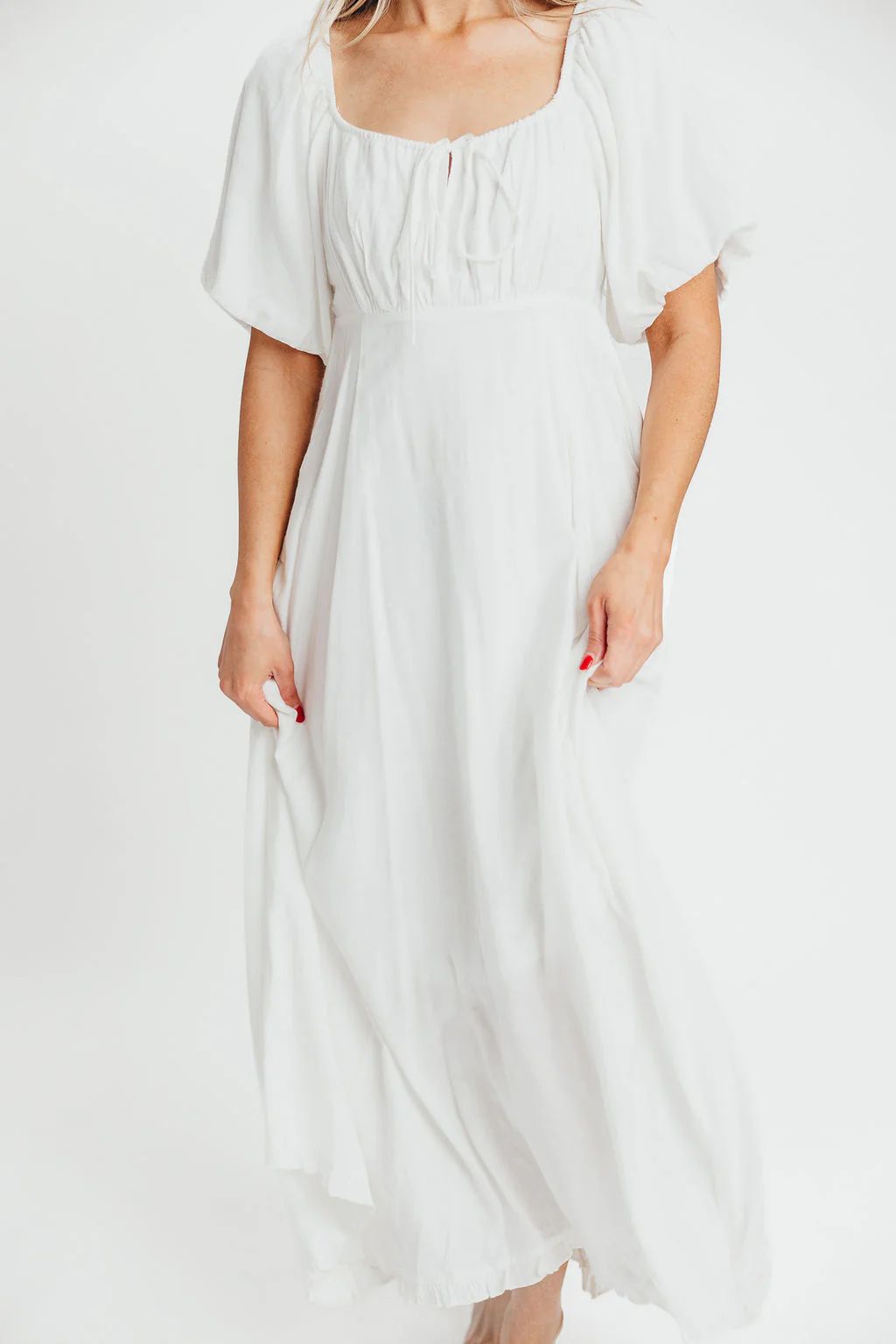 Chesley Puffed Sleeve Maxi Dress with Front Tie Detail in White - Bump | Worth Collective