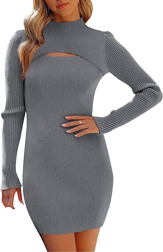 NALANISA Womens Long Sleeve Cutout Front Mini Sweater Dress Turtle Neck Bodycon Solid Fall Fashion R | Amazon (US)