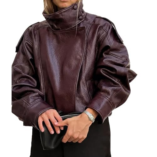 Molilove Women's Leather Jacket Casual Fall Zip Up Jacket Racer Varsity Jackets Biker Motor Coat Outwear | Amazon (US)