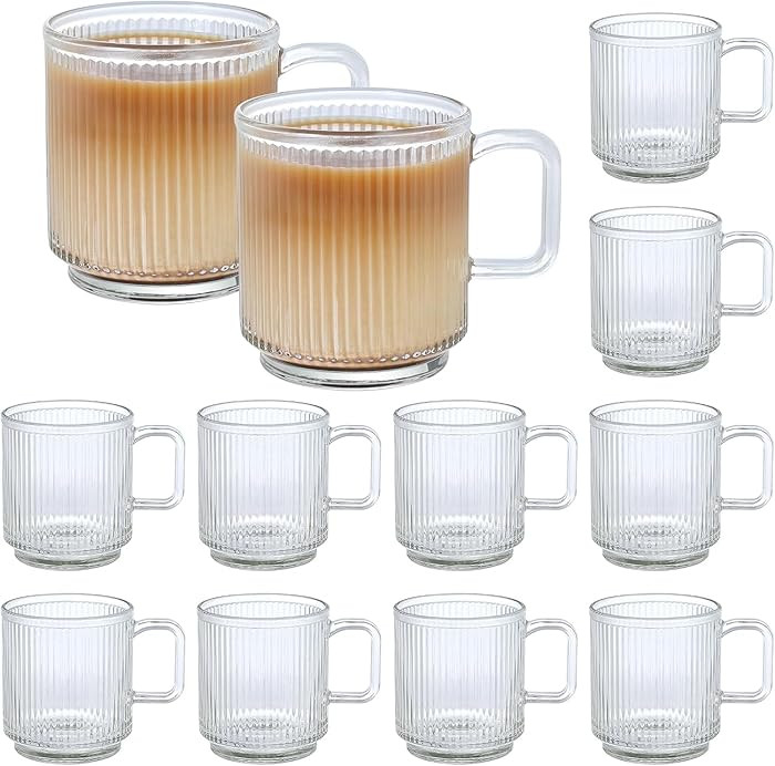 12 PACK Premium Glass Coffee Mugs with Handle, 12 OZ Classic Vertical Stripes Glass Coffee Cups, ... | Amazon (US)