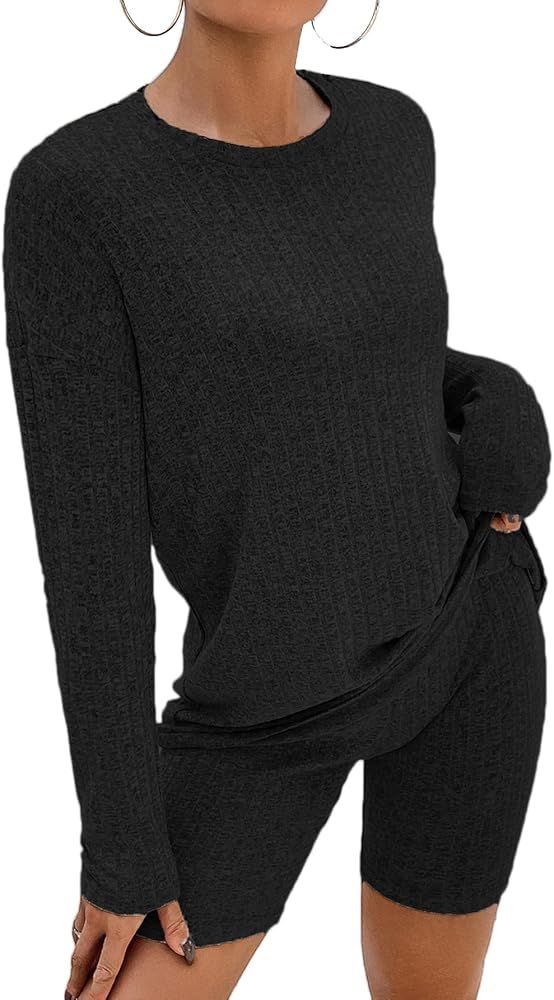 Ekouaer Pajamas 2 Piece Lounge Sets Ribbed Knit Matching Outfits Long Sleeve Biker Shorts Set Sle... | Amazon (US)