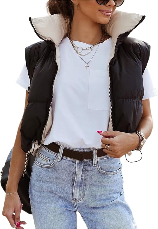 UANEO Cropped Puffer Vest Women Zip Up Stand Collar Sleeveless Padded Crop Puffy Vests | Amazon (US)