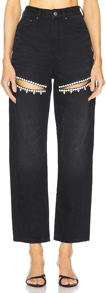 Baggy Ripped Jeans for Women Y2k Rhinestone Jeans High Waist Pants Stretch Fabric | Amazon (US)