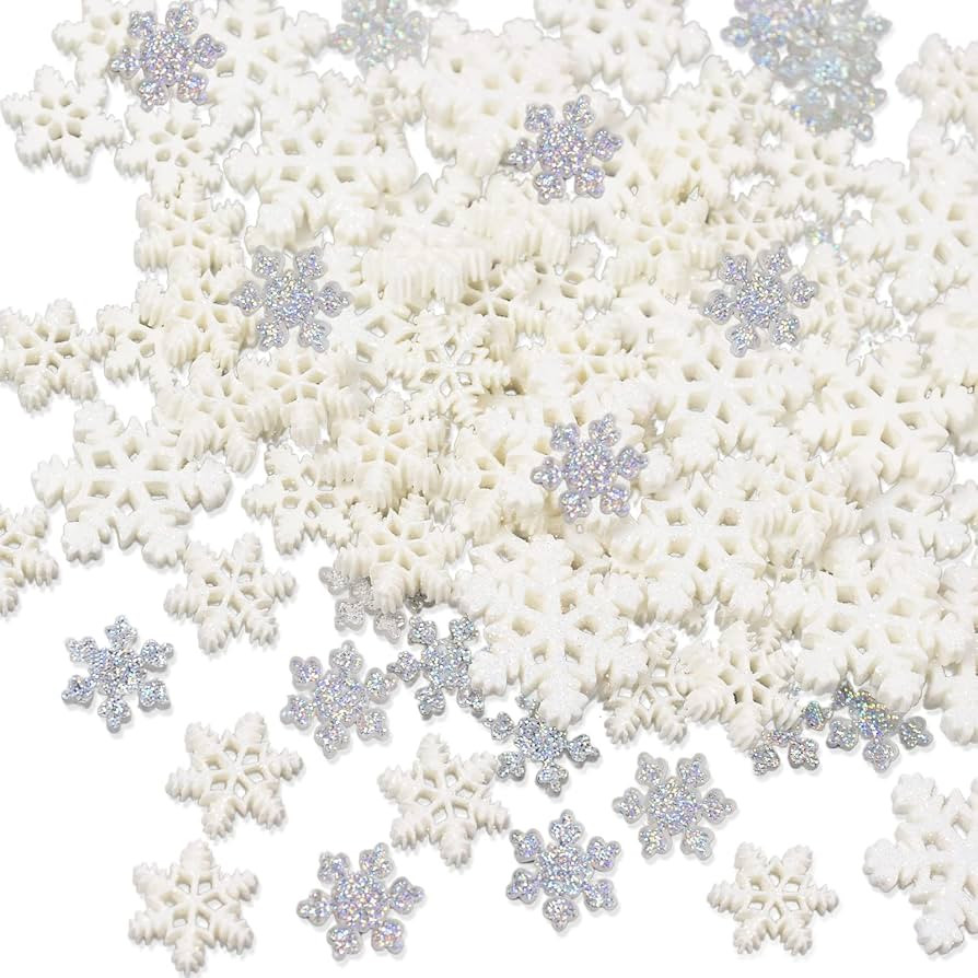 100Pcs Mini Snowflake Ornament Christmas Decorations- Glitter Resin White and Silver Snowflakes C... | Amazon (US)