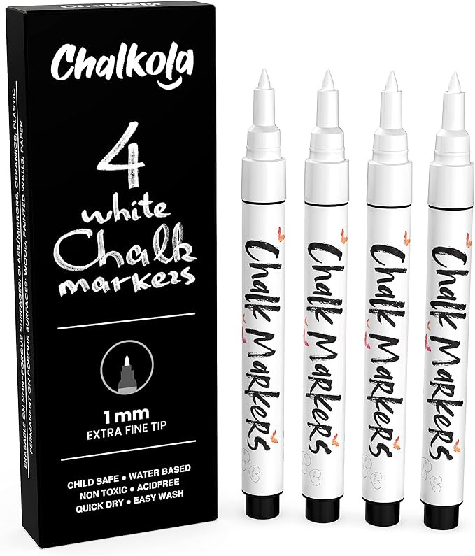 Extra Fine Tip White Chalk Markers (4 Pack 1mm Point) Chalk Pens - White Dry Erase Marker Pen for... | Amazon (US)