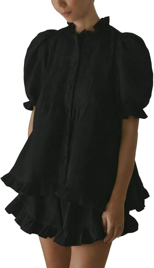 Women's Ruffle Short Set Puff Sleeve Button Down 2 Piece Outfits | 2 Piece Matching Sets for Wome... | Amazon (US)