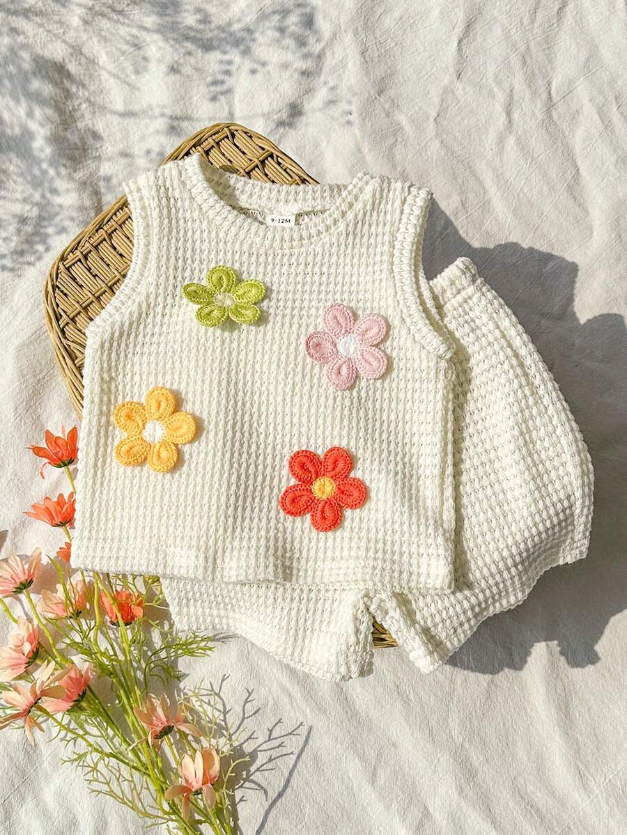 Vintaside Kids Baby Girl Two-Pieces Summer Beige Teak Floral Jacquard Round-Neck Tank Top And Sho... | SHEIN