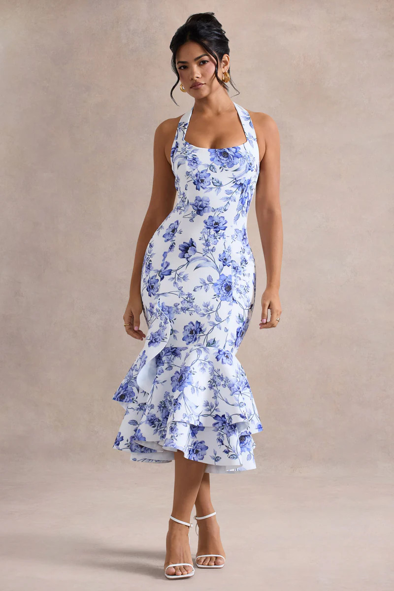 Arla  Blue Floral Halter-Neck Ruffle Trim Midi Dress | Club L London