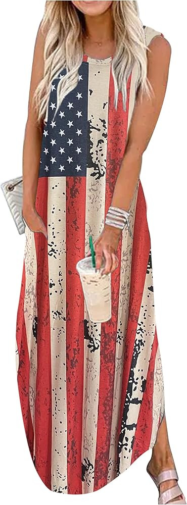 CHUNTIANRAN Women's Summer Maxi Dress Casual Loose Sundress Long Dress Sleeveless Vacation Beach ... | Amazon (US)