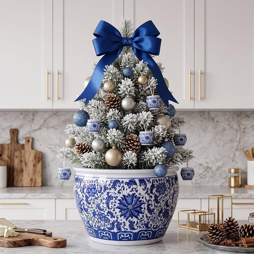 Domensi 12'' Blue and White Fishbowl Planter Chinoiserie Planter, Lotus | Amazon (US)
