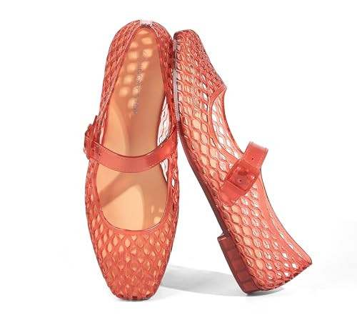 LUCKY STEP Women's Jelly Ballet Flats - Buckle Strap Comfortable Casual Mary Jane Flat - Lightweight Mesh Clear Beach Sandals(10 M US Red) | Amazon (US)