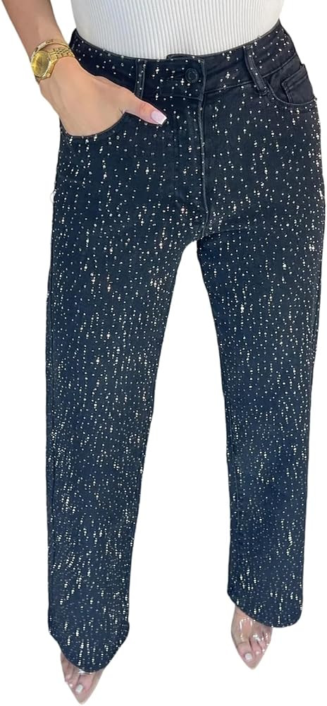 Unybwonn Straight Leg Jeans Rhinestone High Waisted Pearl Boyfried Denim Pants Sparkly Bling Glit... | Amazon (US)