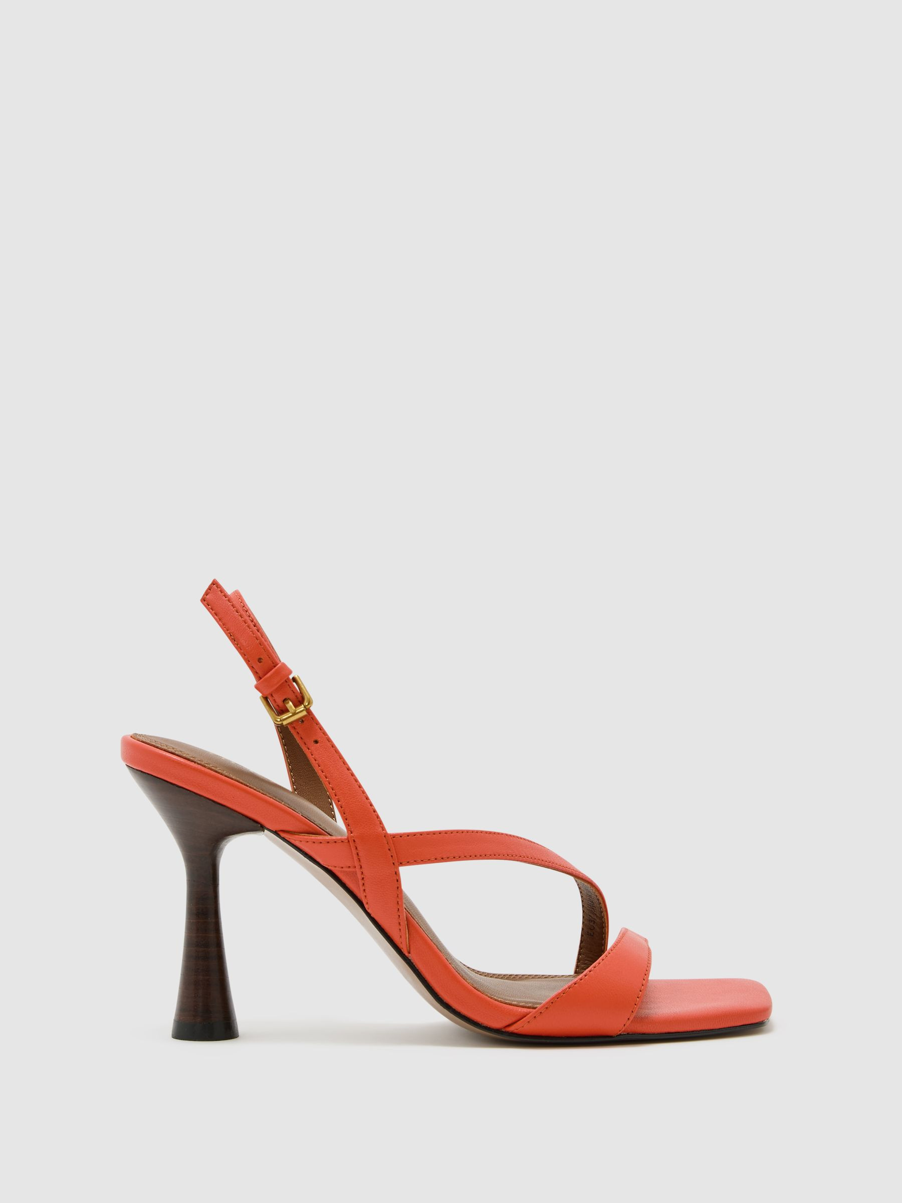 Leather Cross-Strap Heeled Sandals in Coral | Reiss UK