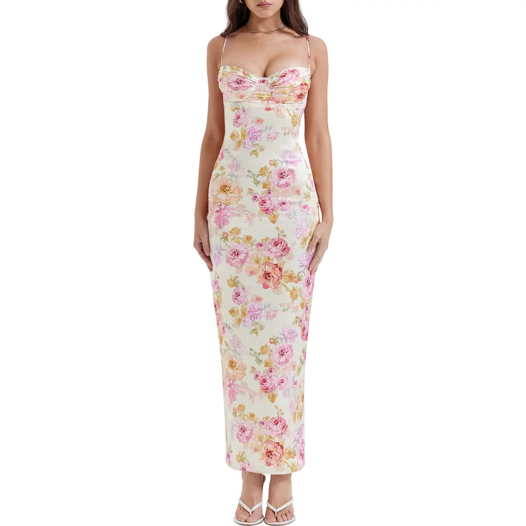 HOUSE OF CB Josefina Floral Bustier Bodice Stretch Satin Body-Con Dress in Ivory Floral at Nordstrom, Size X-Large A | Nordstrom