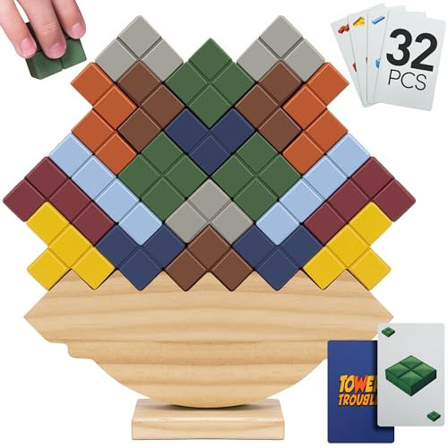 PATHFINDER PANDAS Tower Stack Game - 32PCS Wooden Balance Game with Building Blocks & Cards - Durable Tetra Tower Stacking for Kids & Adults - Fun 1+ Player Balance Stacking Games | Amazon (US)