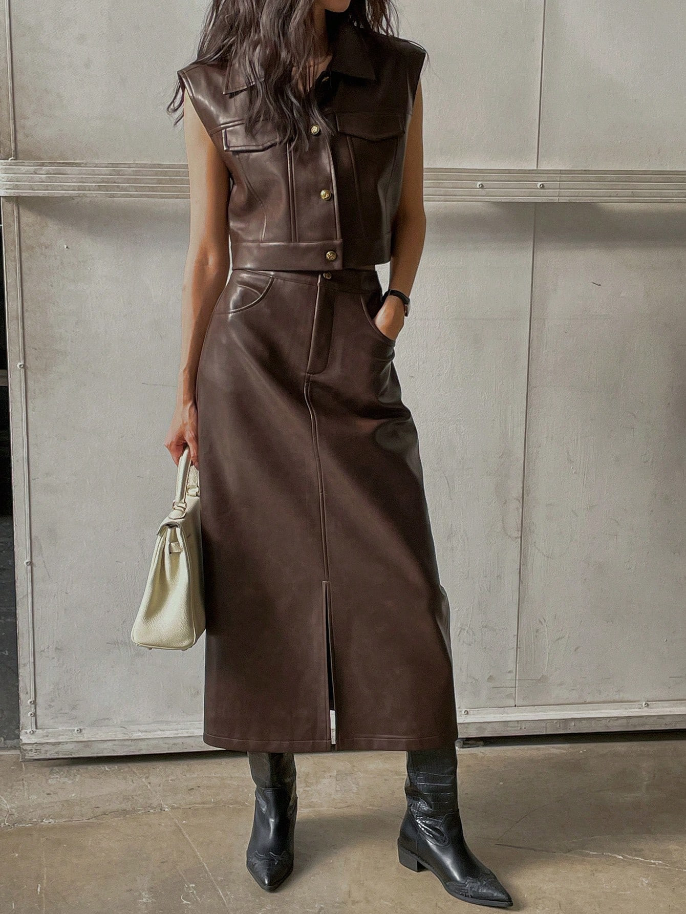 DAZY Women's Fall/Winter PU Leather Flap Detail Sleeveless Jacket & Split Hem Straight Skirt 2pcs... | SHEIN