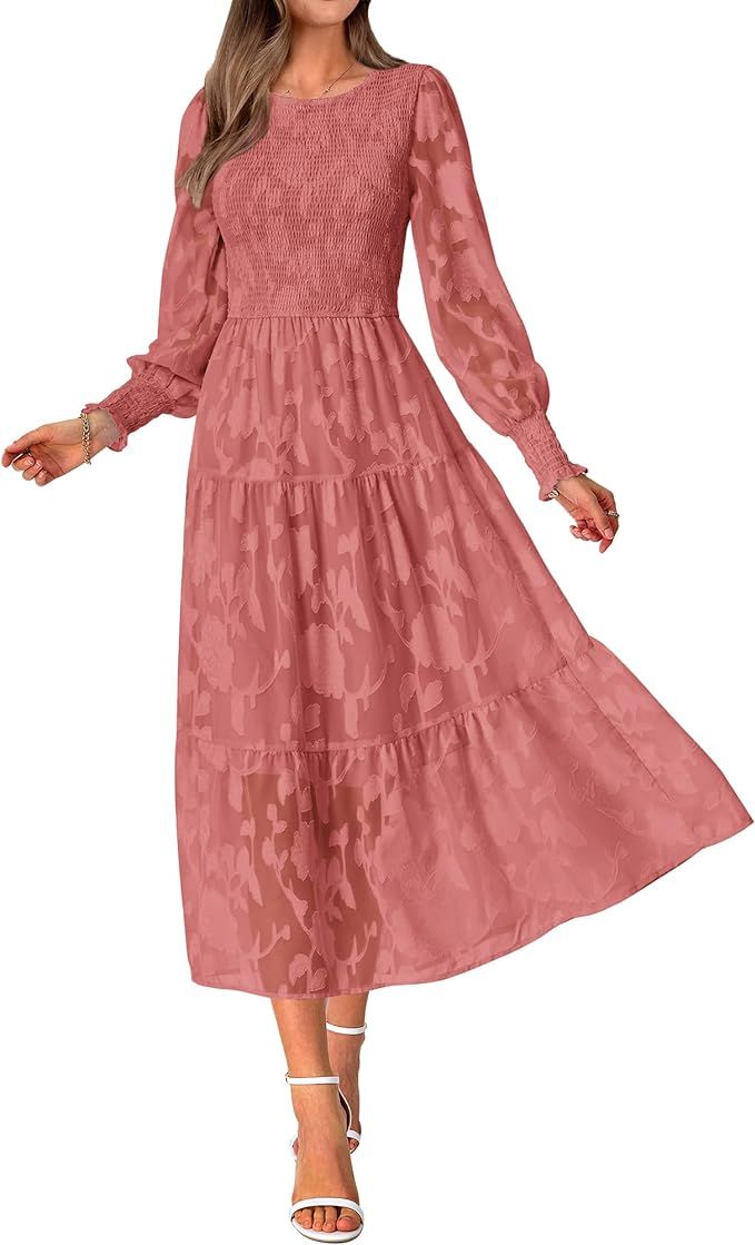 BTFBM Casual Women's 2023 Fall Dresses Elegant Wedding Guest Dress Long Sleeve Floral Midi Dress ... | Amazon (US)