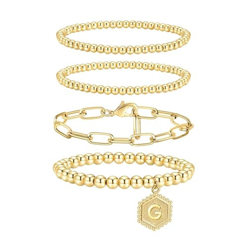 doubgood Gold Bracelets for Women, 14K Gold Plated Stackable Initial Beaded Bracelet with Letter Pendant G Waterproof Stretch Trendy Stack Jewelry Set Gifts for Women | Amazon (US)