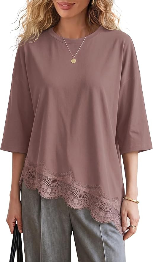 EXLURA Womens Summer Oversized Lace Trim T Shirts 2026 Casual Half Sleeve Asymmetrical Hem Tops L... | Amazon (US)