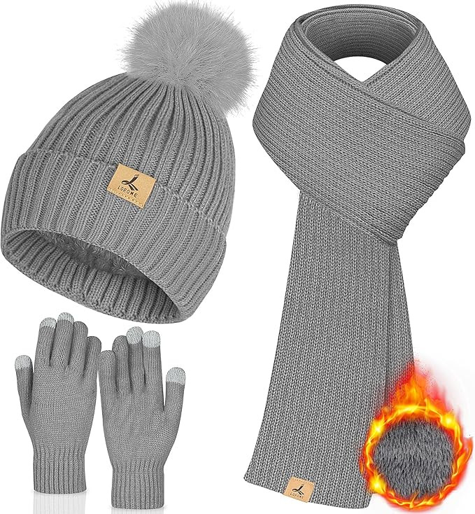 LOROME Women Winter Beanie Hat Scarf Gloves Set, Fleece Knitted Pompom Hat Warm Neck Scarf Touchs... | Amazon (US)