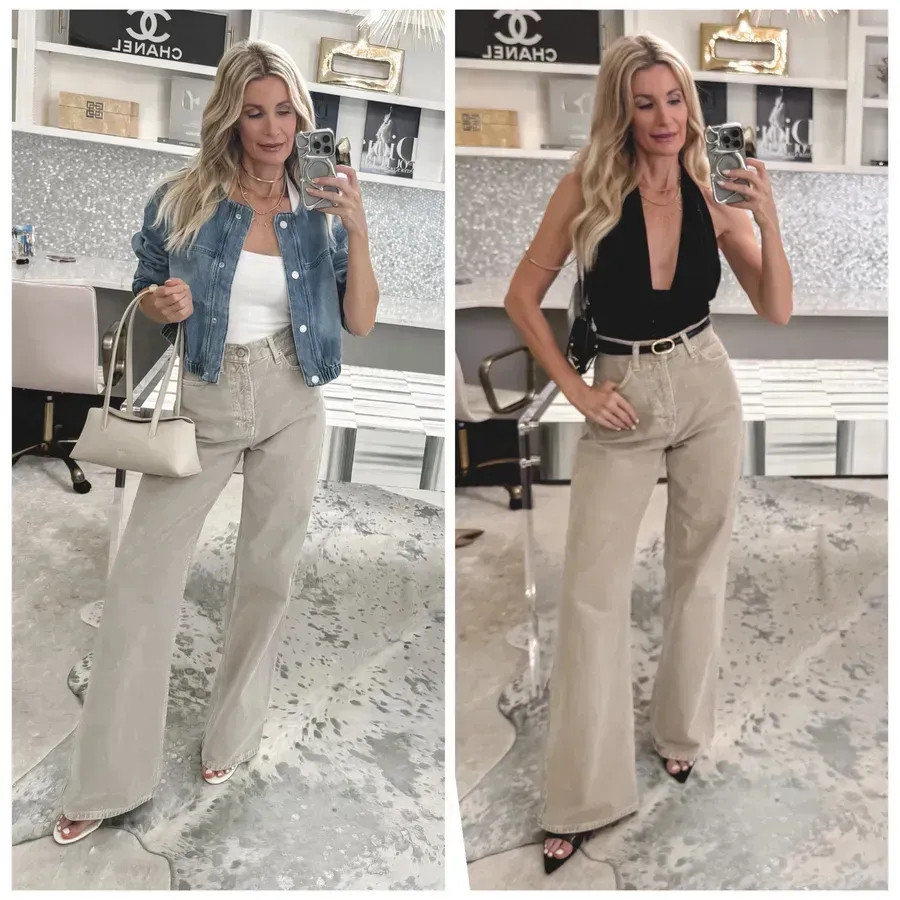 From coffee date to dinner date, these are the only jeans you need. ☕️✨🍸 These high-waisted wide-leg jeans are one of the most versatile pieces in my closet. The flattering silhouette is incredibly slimming, and this gorgeous tan wash literally goes with everything. For a casual coffee date, I styled them with a white tank, a denim bomber jacket, and white kitten heels—keeping it effortless with no belt. For a dinner date, I elevated the look with a sleek black halter top, a slim black belt, and chic black-and-clear heels for a more polished, sophisticated vibe. One pair of jeans. Two completely different looks. Which is your favorite: the coffee date look or the dinner date look? 🤍 

 

#LTKootd #LTKgrwm #LTKOver40