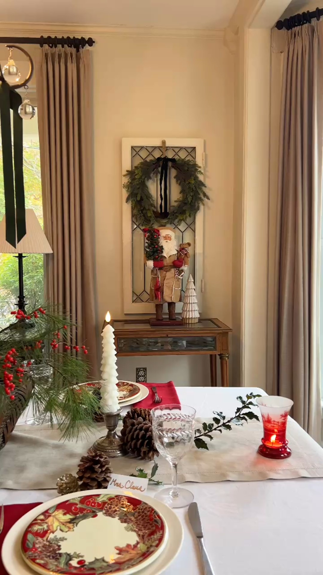 Christmas table with a spot for Santa & Mrs Claus. 
use code KMdesign for napkins & runner 
#christmastable #diningroom #holidaytable #christmasdiningroom
christmas tablescape

#LTKHome #LTKSeasonal #LTKHoliday