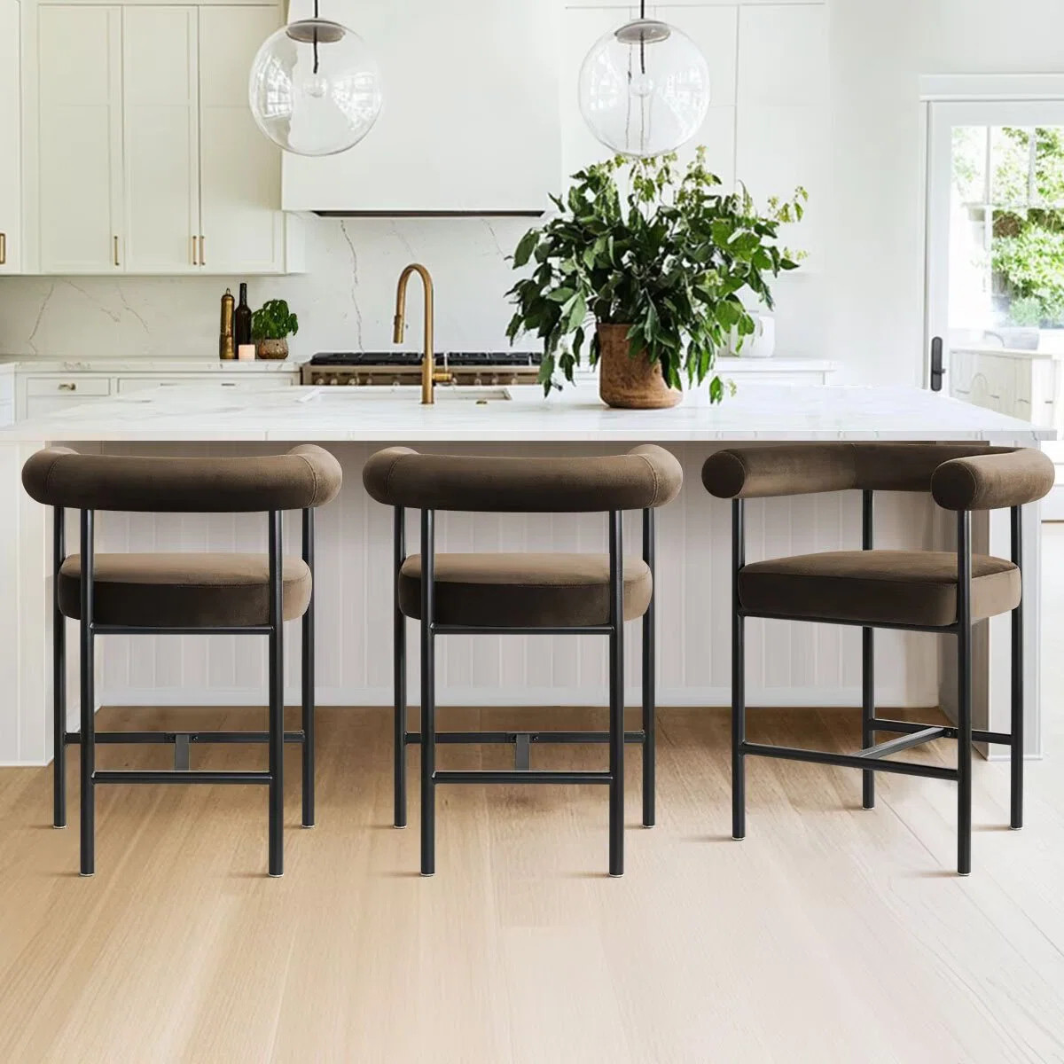 24" Seat Height Velvet Counter Stools, Set Of 3 | Wayfair North America