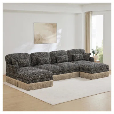 131" U-Shaped Modular Sectional Sofa with Leopard Print Chenille Fabric, Deep Seat Design & Tassel Trim | Wayfair North America