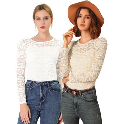 INSPIRE CHIC Women's Vintage Semi-Sheer Puff Long Sleeve Embroidery Lace Floral Blouse 2 Packs Beige/White X-Large | Target
