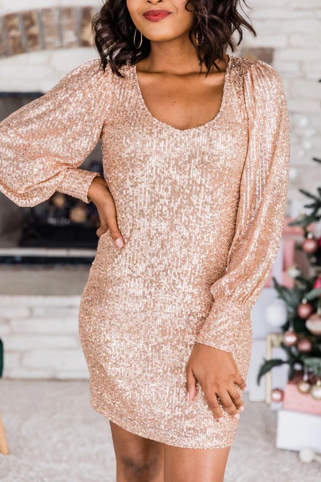 Raise A Glass Sequin Rose Gold Dress | The Pink Lily Boutique