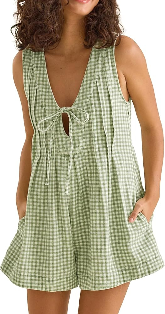 Amazon.com: TAQCUX Womens Patterned Sleeveless Romper Deep V-Neck Tie Front Overalls Jumpsuit for... | Amazon (US)
