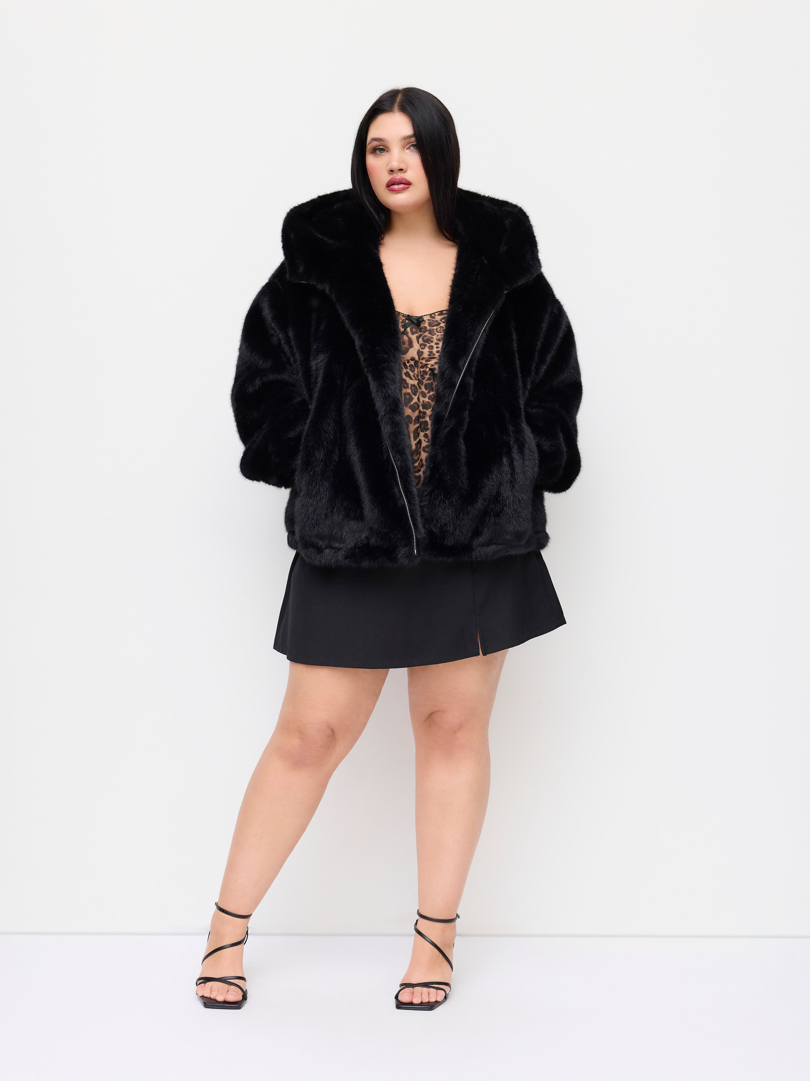 Faux Fur Faux Fur Hooded Long Sleeve Zip Through Drawstring Oversized Jacket Curve & Plus For Dai... | Cider