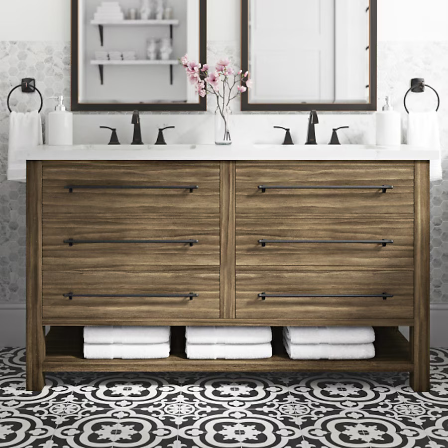 allen + roth Kennilton 60-in Gray Oak Undermount Double Sink Bathroom Vanity with White Carrera E... | Lowe's