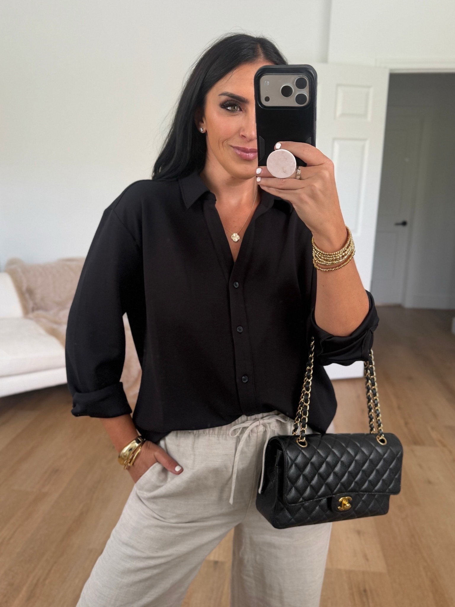 SPANX AirEssentials® Oversized Button Down wearing size small. Splendid AValerie Pant wearing size small.