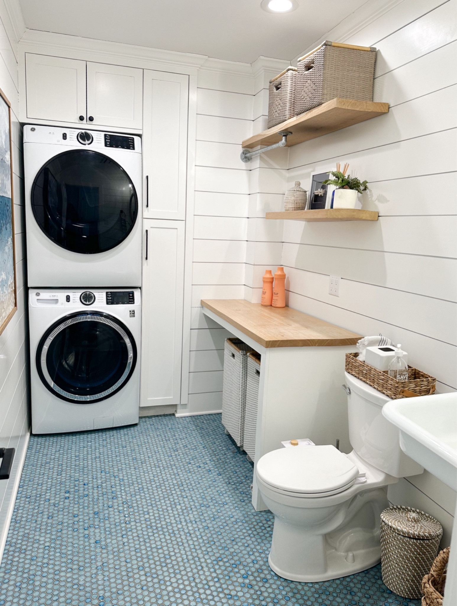 SWIPE FOR BEFORE  our laundry space is one of my favorite spots in the house! The blue penny tile  I just switched laundry detergents to @bathandbodyworks and omgggg the Pineapple Mango fragrance  my laundry smells like summer and I’m here for it  linking more yummy fragrances in my LTK  #paidlink #bathandbodyworks_partner