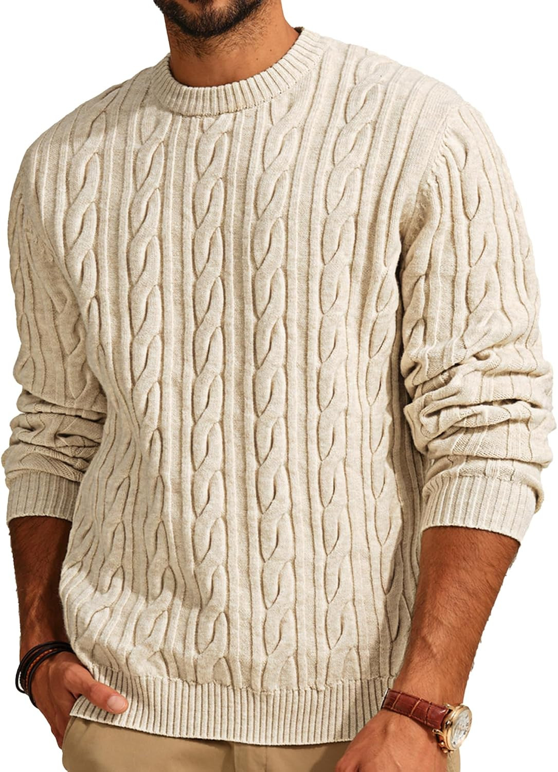 PJ PAUL JONES Mens Sweater Crewneck Cable Knit Pullover | Amazon (US)
