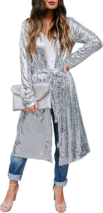 Womens Sparkly Sequins Cover Ups Long Sleeve Slim Fit Open Front Cardigan Coat with Belt | Amazon (US)