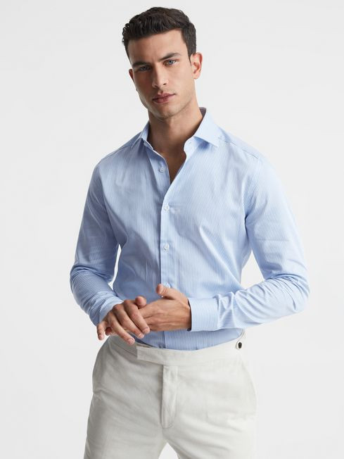 Reiss Blue Stripe Remote Bengal Slim Fit Cotton Satin Striped Cutaway Collar Shirt | Reiss UK