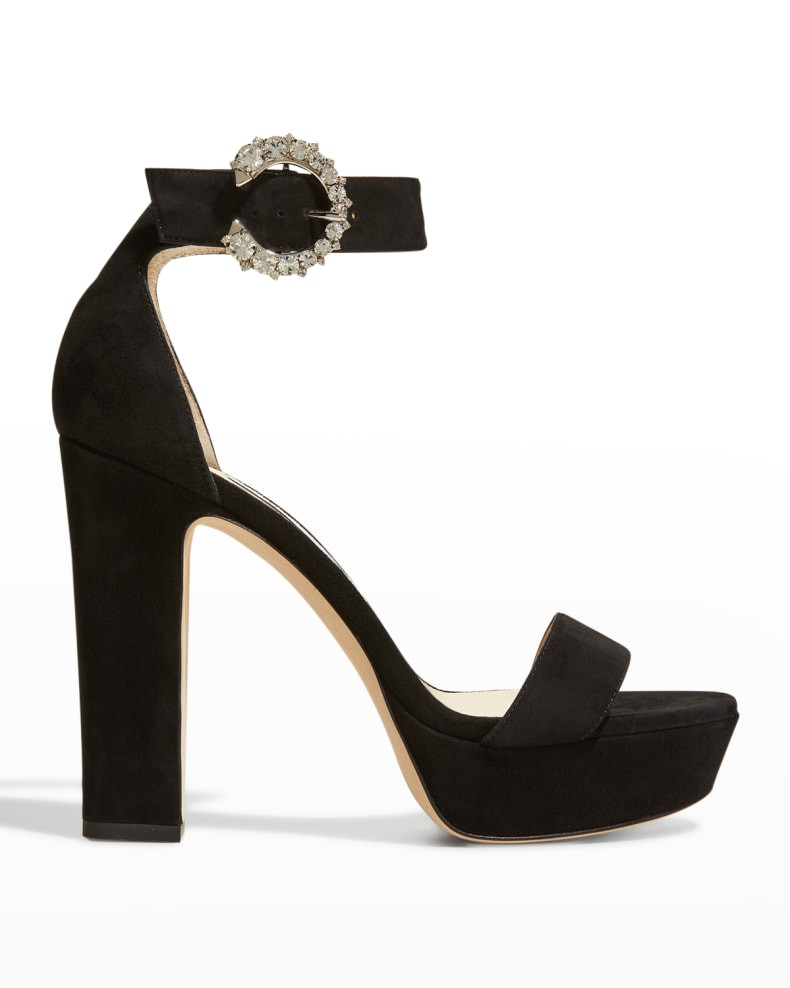 Jimmy Choo Mionne Suede Crystal-Buckle Sandals | Neiman Marcus