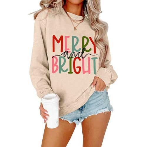 Merry and Bright Christmas Sweatshirt For Women Xmas Gift Cute Plaid Tree Graphic Shirt Pullover Winter Crewneck Tops-Apricot2 S | Amazon (US)