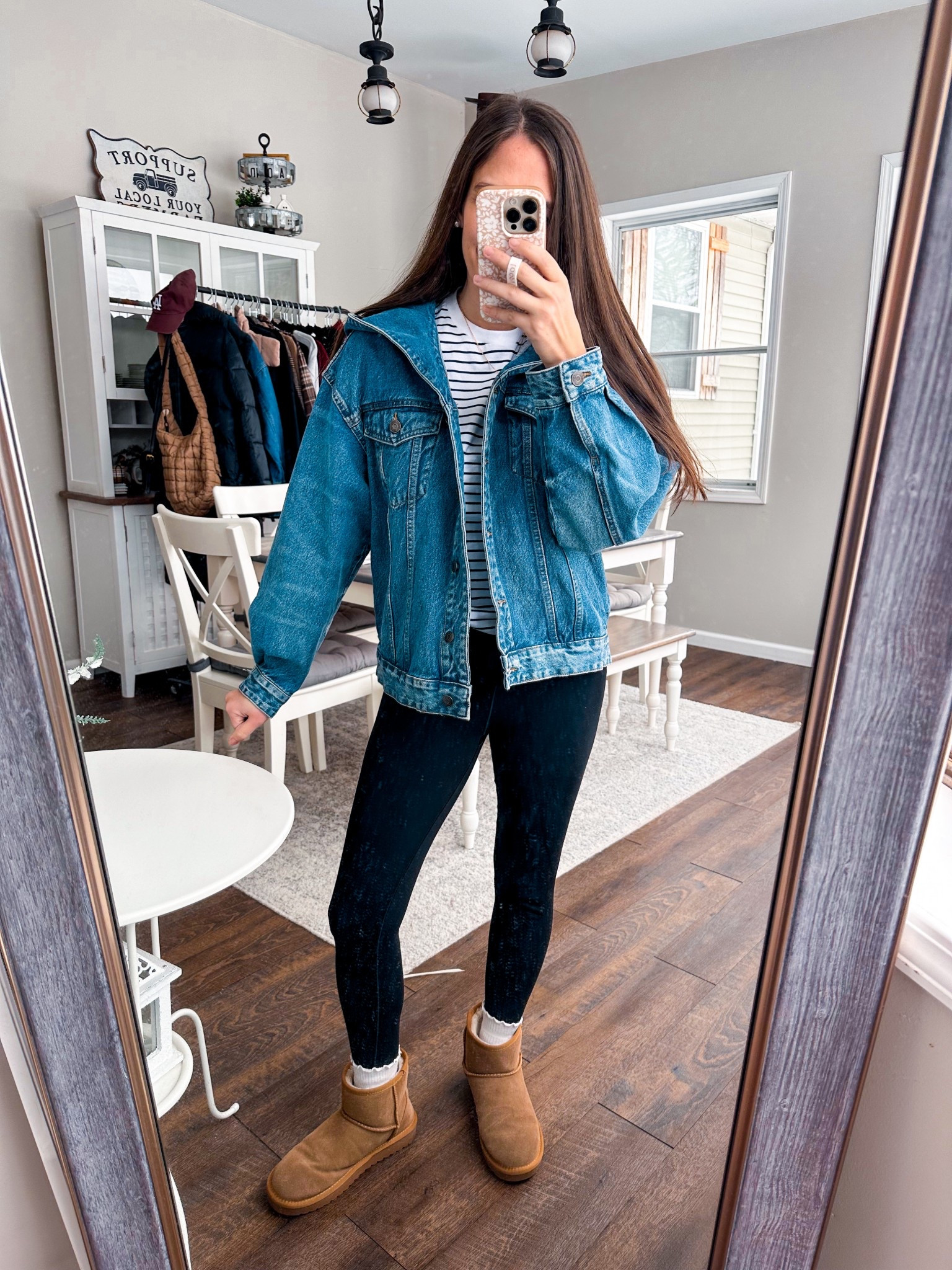 Living in my denim era! Love this hooded jacket from Target! Wearing the XS. Perfect amount of oversize. Leggings small short, socks Amazon, Uggs tts, striped tee XS 

#LTKFindsUnder50 #LTKStyleTip #LTKPetite