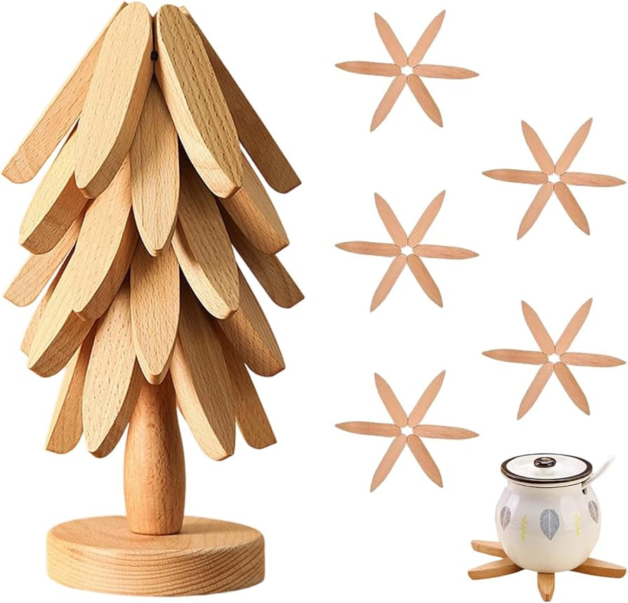 Natural Tree Trivet Set - 5 Wooden Trivets & 1 Stand Like a Christmas Tree, Foldable Kitchen Wood... | Amazon (CA)
