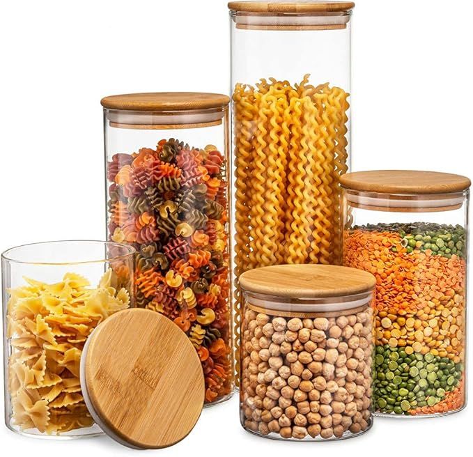 Canister Set of 5, Glass Kitchen Canisters with Airtight Bamboo Lid, Glass Storage Jars for Kitch... | Amazon (US)